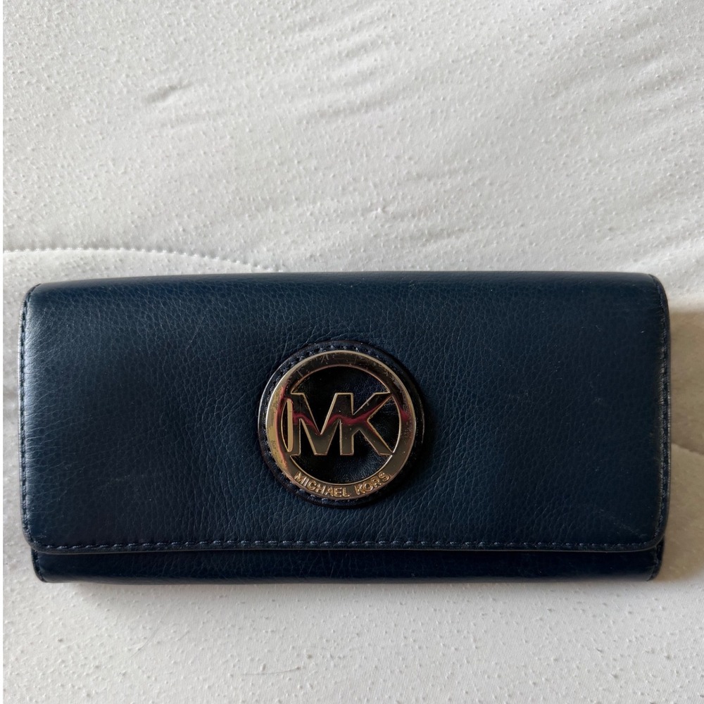 Michael Kors Fulton Navy‎ Blue Leather Flap Continental Wallet Gold MK Logo